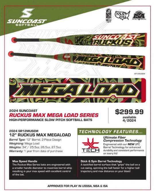 2023 SUNCOAST RUCKUS MAX 12" 2PC MEGA LOAD USSSA SLOWPITCH SOFTBALL BAT: SR12MUSEM